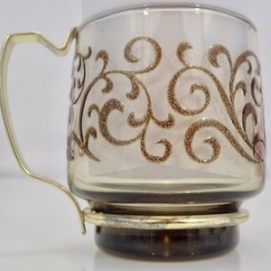 Vintage Hot Toddy/Punch Glasses Set of 4 Brass Handle Painted Scroll Design MCM